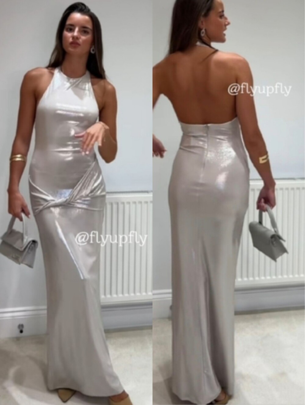 ZARA LONG SILVER METALLIC FOIL MAXI GOWN DRESS Size M L XL